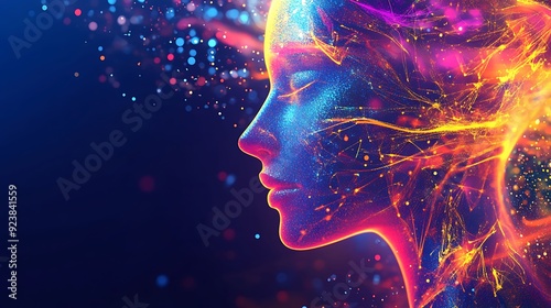 an abstract background of a humanoid head equipped with a neural network brain,  the concept of advanced AI and human-computer integration.