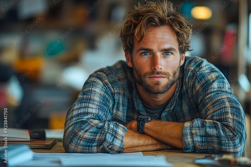 A focused man with tousled hair and a plaid shirt leans on a desk, appearing thoughtful and introspective ideal for depicting concentration, creativity A focused man with tousled hair and a plaid shirt leans on a desk, appearing thoughtful and introspective ideal for depicting concentration, creativity