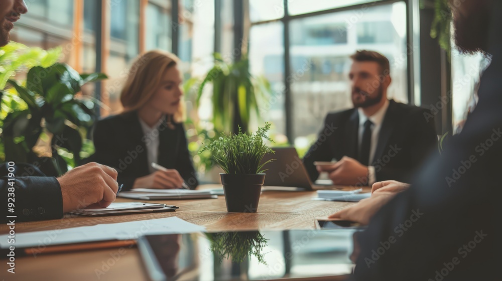 A group of people are sitting around a table with a potted plant in the middle A group of people are sitting around a table with a potted plant in the middle