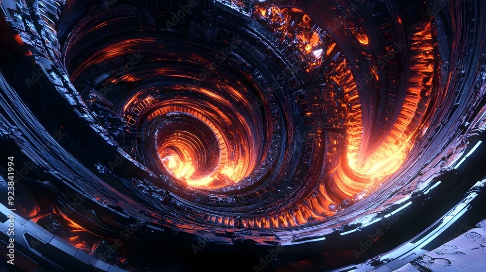 Surreal Pantograph Device Emerging from Glowing Wormhole with Intricate Fibonacci Spiral Patterns and Cinematic Lighting Surreal Pantograph Device Emerging from Glowing Wormhole with Intricate Fibonacci Spiral Patterns and Cinematic Lighting
