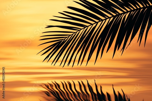 Silhouette of a palm leaf against a golden sunset sky over calm ocean waters, evoking tropical beach vibes.