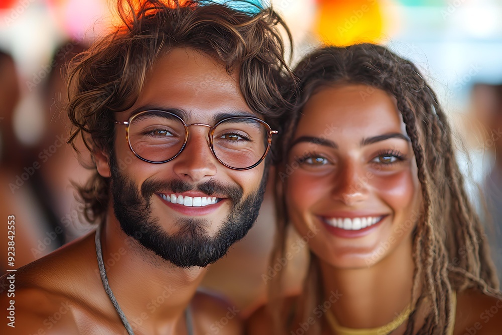 A young couple with radiant smiles and sun-kissed skin enjoying a vibrant summer day ideal for promoting beach vacations, travel blogs, or lifestyle content, A young couple with radiant smiles and sun-kissed skin enjoying a vibrant summer day ideal for promoting beach vacations, travel blogs, or lifestyle content,