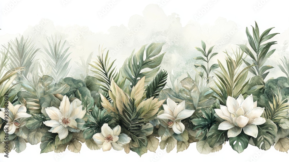 Fototapeta premium Elegant floral design featuring lush green leaves and delicate white flowers, perfect for adding a touch of nature indoors.