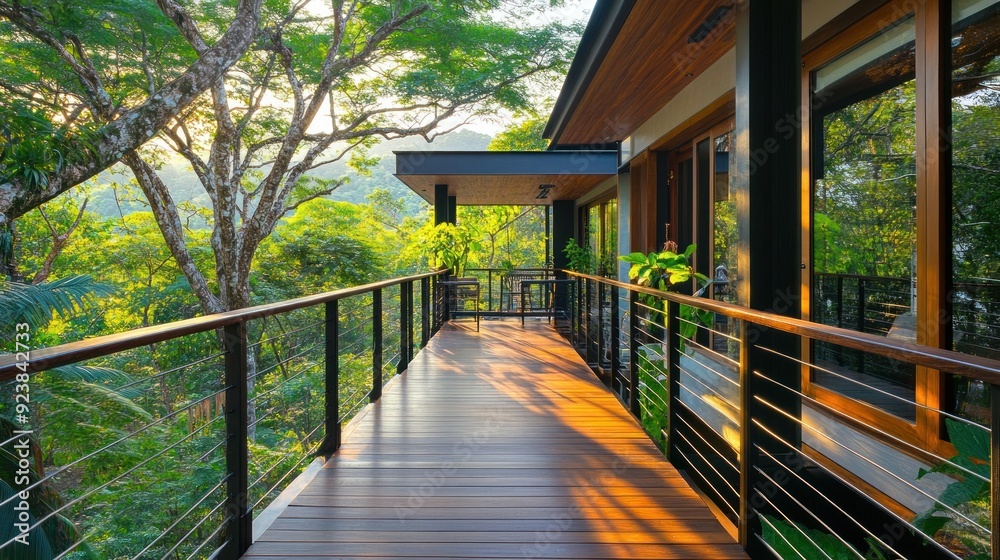 Wooden walkway with a view of lush green trees. Wooden walkway with a view of lush green trees.