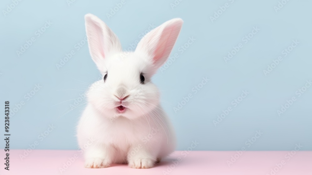 Obraz premium cute animal pet rabbit or bunny white color smiling and laughing isolated with copy space for easter background, rabbit, animal, pet, cute, fur, ear, mammal, background, celebration, generate by AI