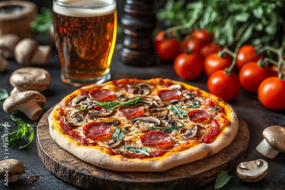 A pepperoni and mushroom pizza served on a wooden board, accompanied by a glass of beer and surrounded by fresh ingredients like tomatoes and mushrooms. A pepperoni and mushroom pizza served on a wooden board, accompanied by a glass of beer and surrounded by fresh ingredients like tomatoes and mushrooms.