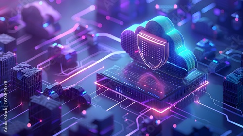 Futuristic data cloud security concept with glowing circuitry, showcasing advanced technology and protecting digital information.