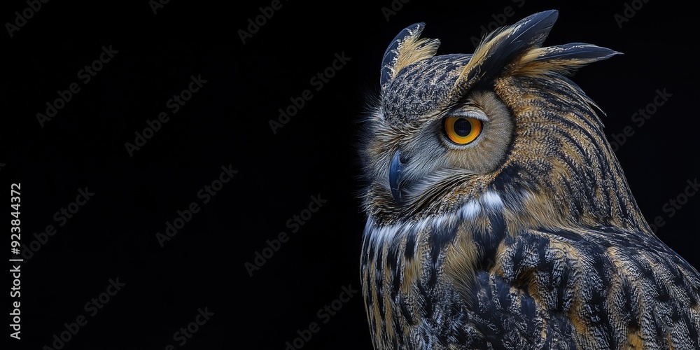 Fototapeta premium Photo of an eagle owl isolated against a black background, emphasising the eagle owl's majestic features. Wildlife and conservation concept, space for copy.