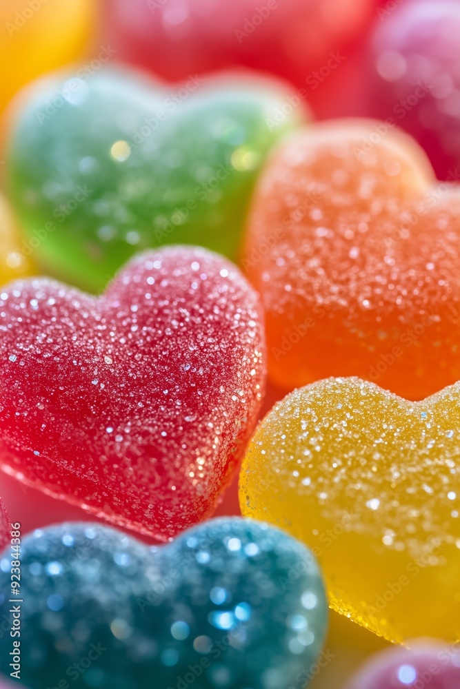 Close-up of colorful heart-shaped gummy candies with sugar coating, showcasing vibrant colors and texture for a sweet treat. Close-up of colorful heart-shaped gummy candies with sugar coating, showcasing vibrant colors and texture for a sweet treat.
