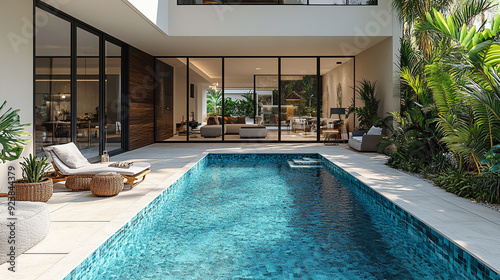  A contemporary luxury home featuring a glowing pool f