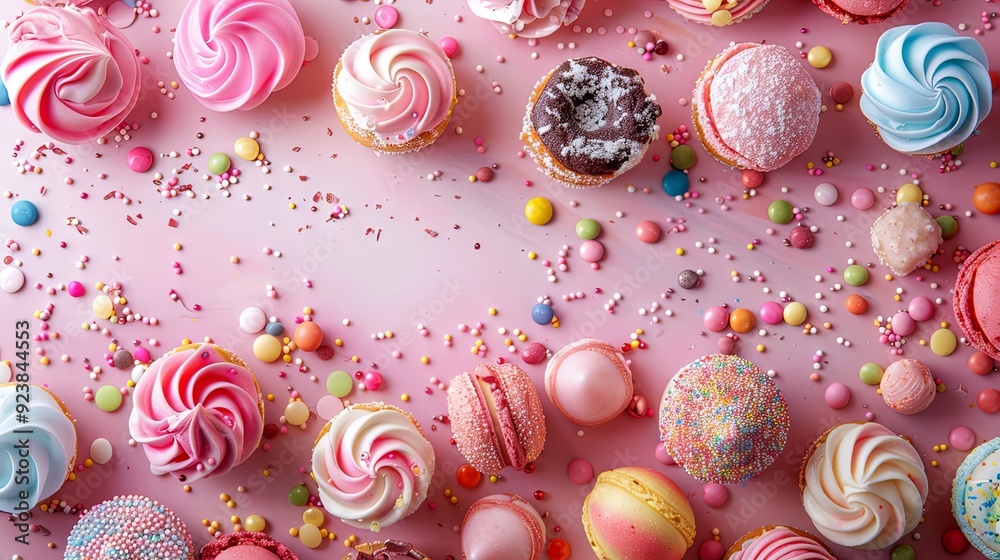 Top view of various colorful sweets on light pink background. birthday or holiday. space for text Top view of various colorful sweets on light pink background. birthday or holiday. space for text