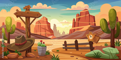 Wild west vector background, western wooden sign board, vintage rustic park entrance, fence, cactus. Game nature Mexican landscape, dry canyon rock, stone, cowboy hat. Wild west environment clipart