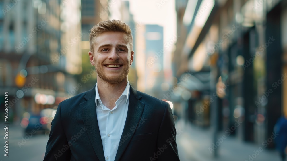 portrait of a handsome smiling white young businessman boss in a black suit walking on a city street to his company office. blurry street background, confident portrait of a handsome smiling white young businessman boss in a black suit walking on a city street to his company office. blurry street background, confident