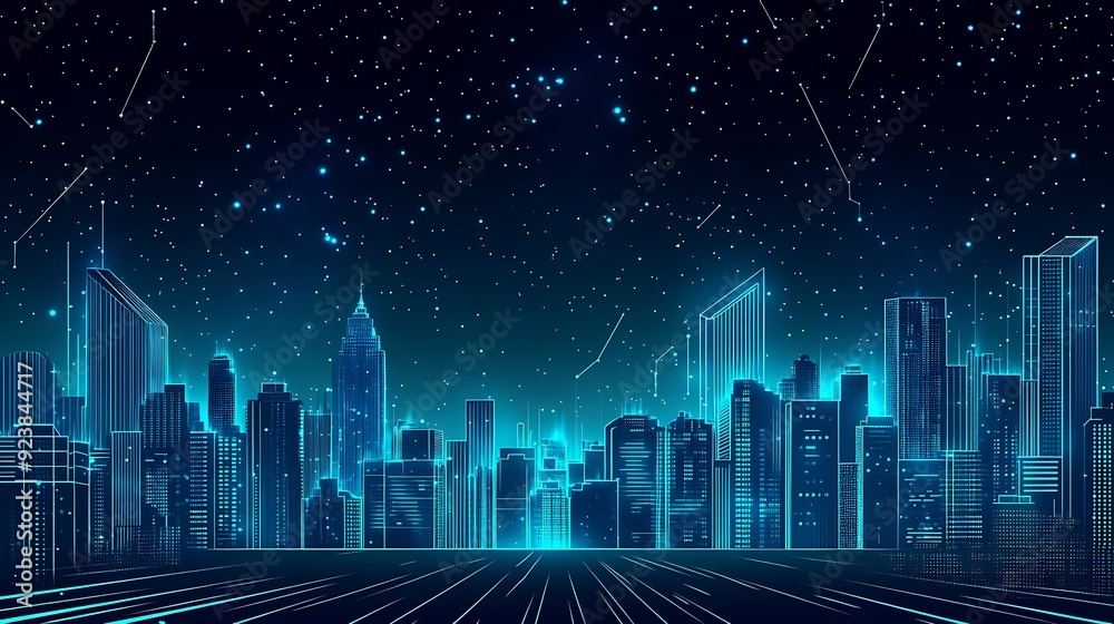 Futuristic Neon Cityscape under Starry Night Sky - Digital Vector Art Illustration with Abstract Glow Lines Futuristic Neon Cityscape under Starry Night Sky - Digital Vector Art Illustration with Abstract Glow Lines