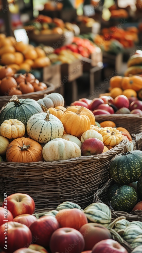 Baskets of assorted pumpkins, gourds, and apples on display at a vibrant autumn farmers market stall. Baskets of assorted pumpkins, gourds, and apples on display at a vibrant autumn farmers market stall.
