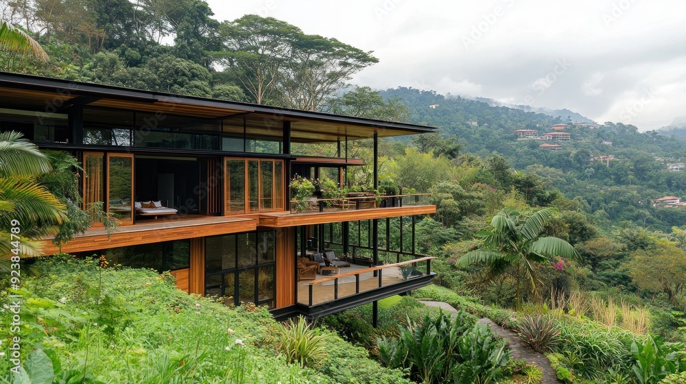 Modern house built on a hillside with lush green foliage and a mountain view. Modern house built on a hillside with lush green foliage and a mountain view.