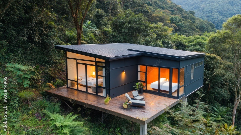Modern cabin with large windows overlooking lush green forest. Modern cabin with large windows overlooking lush green forest.
