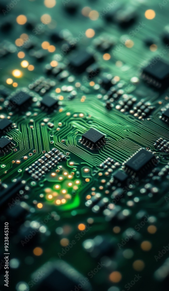 Symbolic Close-up of a Computer Circuit Board Representing the Principles of Green Computing and Environmental Sustainability. Symbolic Close-up of a Computer Circuit Board Representing the Principles of Green Computing and Environmental Sustainability.