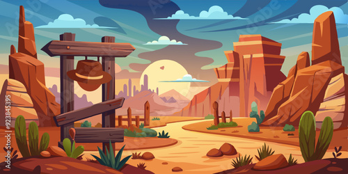 Wild west vector background, western wooden sign board, vintage rustic park entrance, fence, cactus. Game nature Mexican landscape, dry canyon rock, stone, cowboy hat. Wild west environment clipart