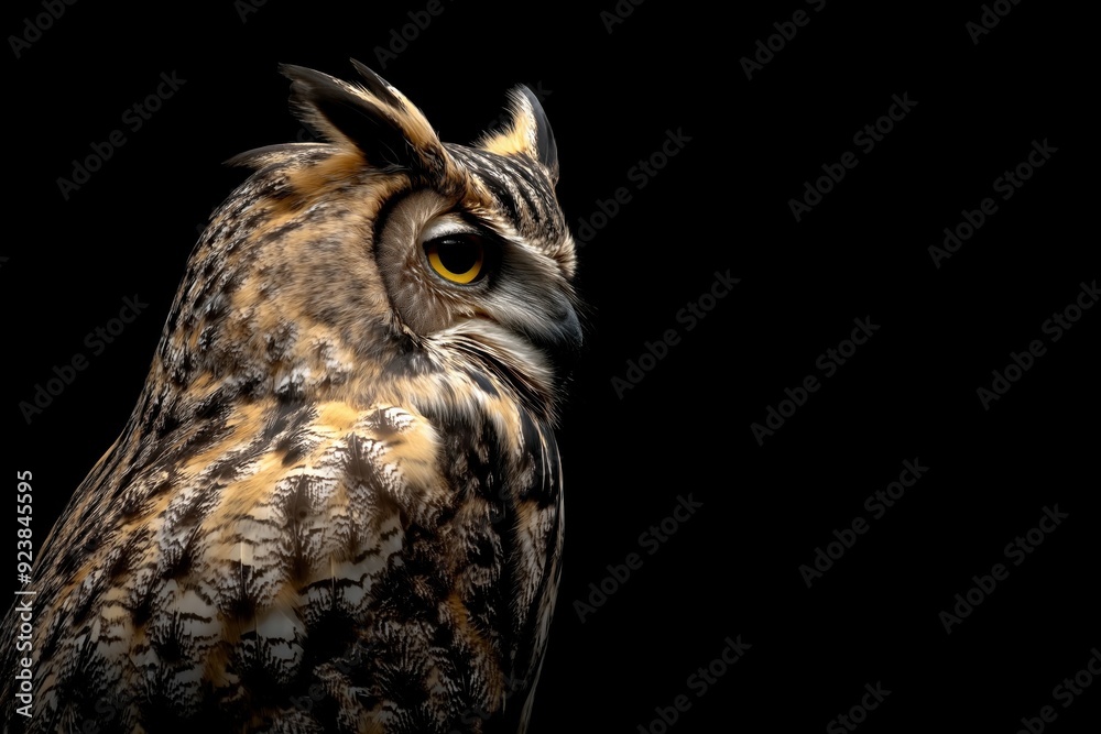 Fototapeta premium Photo of an eagle owl isolated against a black background, emphasising the eagle owl's majestic features. Wildlife and conservation concept, space for copy.