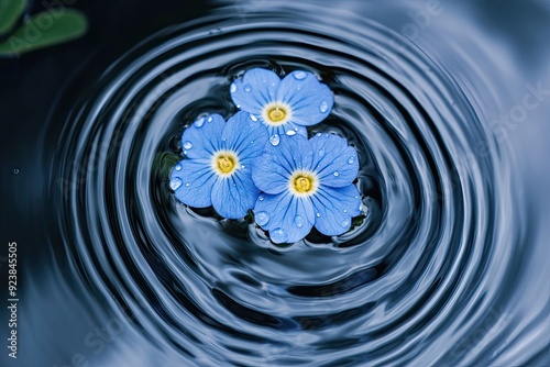 top view water myosotis scorpioides flower on water surface with circles and drop clear water  photo