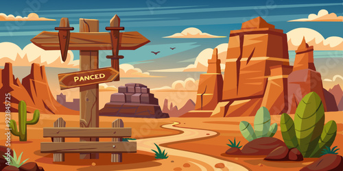 Wild west vector background, western wooden sign board, vintage rustic park entrance, fence, cactus. Game nature Mexican landscape, dry canyon rock, stone, cowboy hat. Wild west environment clipart