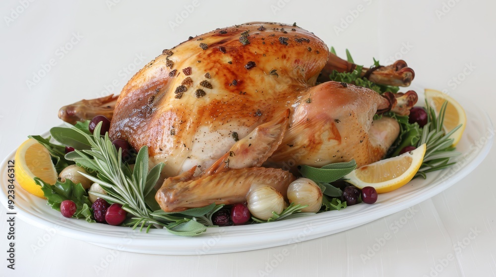 A large roasted chicken is sitting on a white plate with herbs and lemon slices