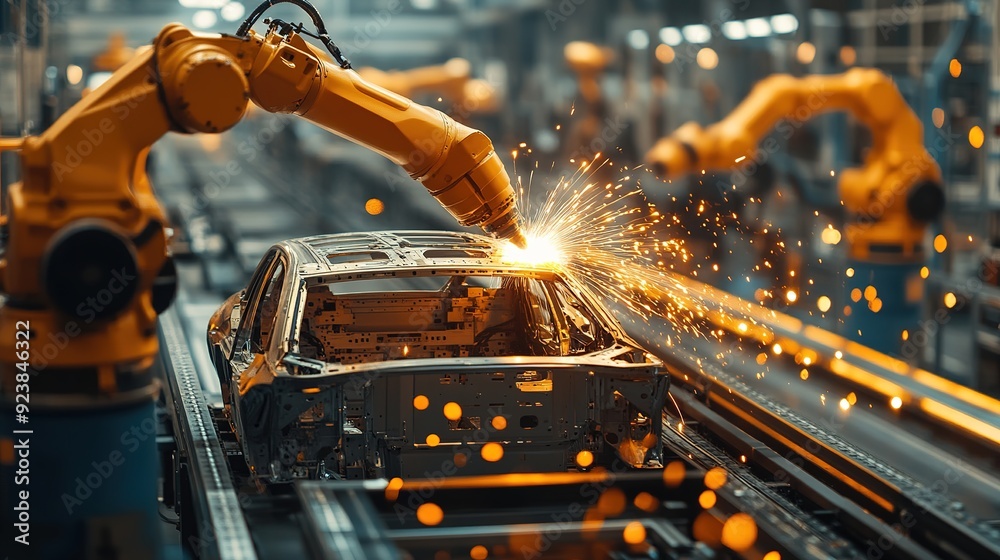 Modern automobile production line, body frame, robot arm in welding