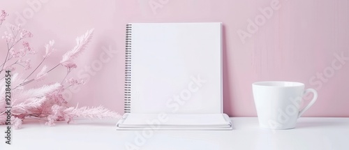 A white notebook sits on a table next to a white cup