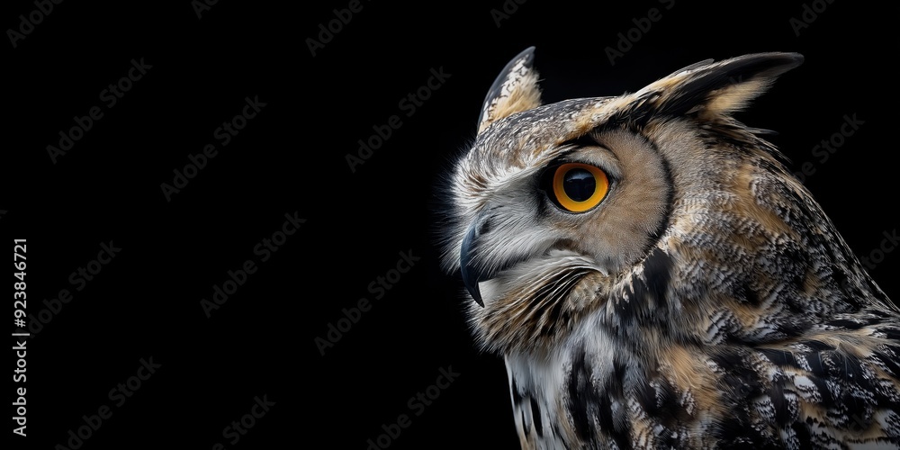 Photo of an eagle owl isolated against a black background, emphasising the eagle owl's majestic features. Wildlife and conservation concept, space for copy.