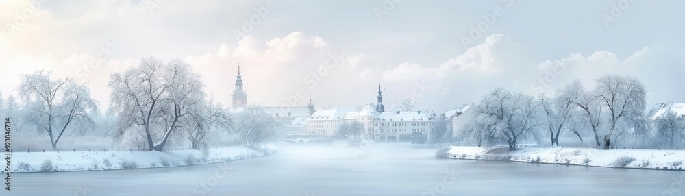 Naklejka premium A snowy landscape with a river and a town in the background