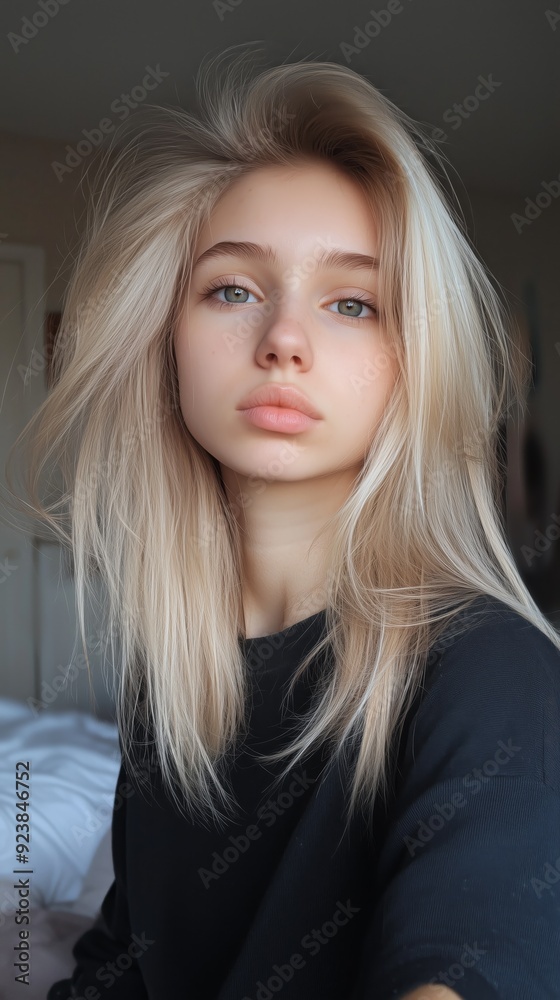 Portrait of a young woman with blonde hair and natural makeup, taking a selfie indoors with soft lighting. Portrait of a young woman with blonde hair and natural makeup, taking a selfie indoors with soft lighting.