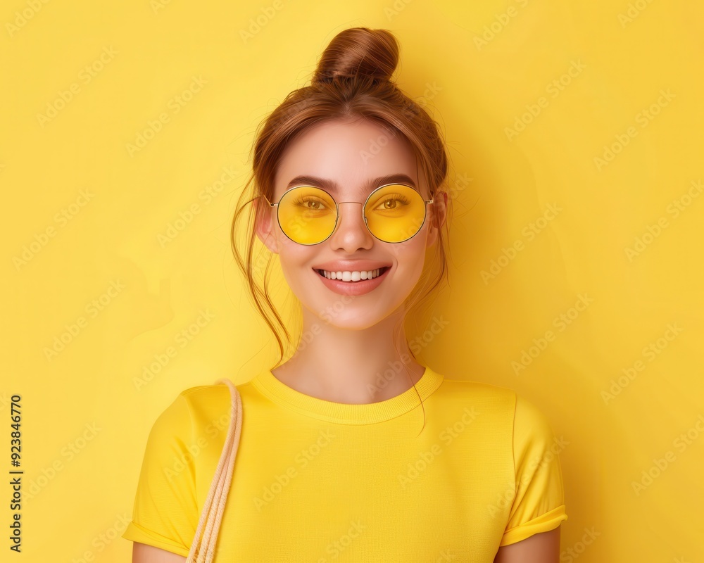 A woman with a yellow shirt and sunglasses is smiling A woman with a yellow shirt and sunglasses is smiling