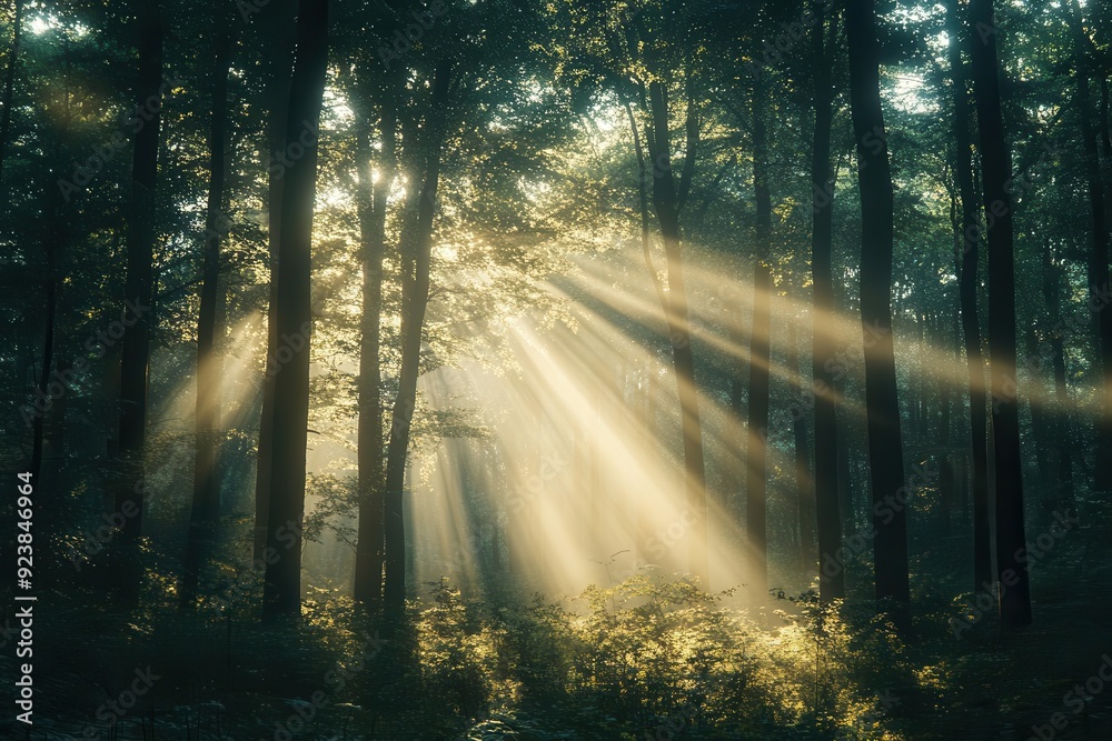 Majestic forest with tall trees and sun rays filtering through the canopy Majestic forest with tall trees and sun rays filtering through the canopy