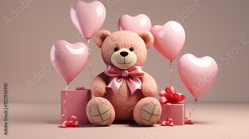 A plush teddy bear with pink balloons and gifts creates a heartwarming celebration mood.