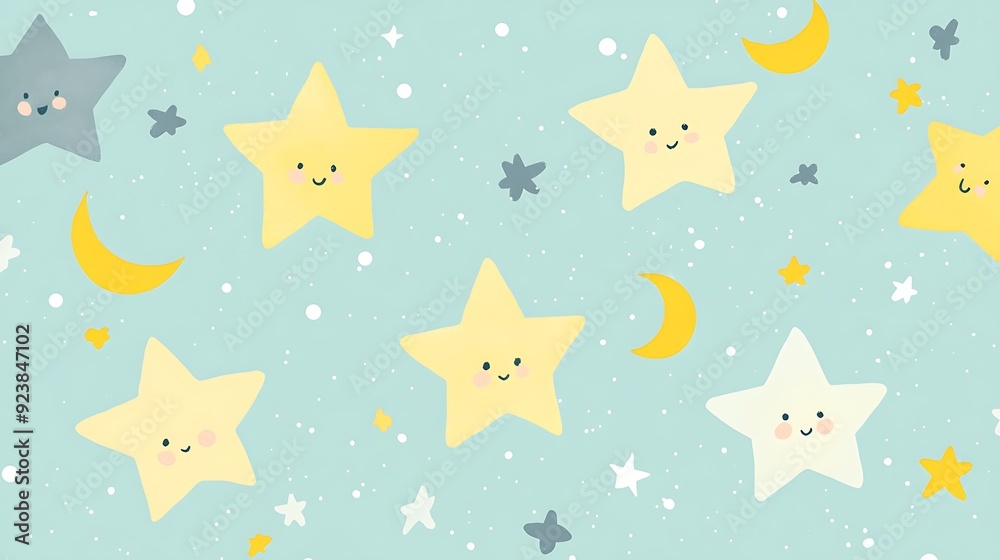 Playful Yellow and Gray Stars with Cute Moons on Light Blue Background - Vibrant Flat Illustration Design Playful Yellow and Gray Stars with Cute Moons on Light Blue Background - Vibrant Flat Illustration Design