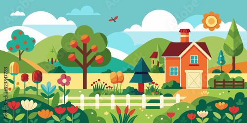 Horizontal spring landscape with fence, tulips, roses, blooming trees and bushes, hills, birds and house. Rural illustration with summer garden in cartoon flat style for banners, backgrounds, advertis