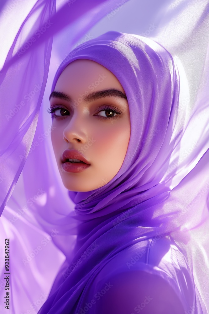 Portrait of a woman wearing a vibrant purple hijab, exuding beauty and grace, with flowing fabric. Portrait of a woman wearing a vibrant purple hijab, exuding beauty and grace, with flowing fabric.