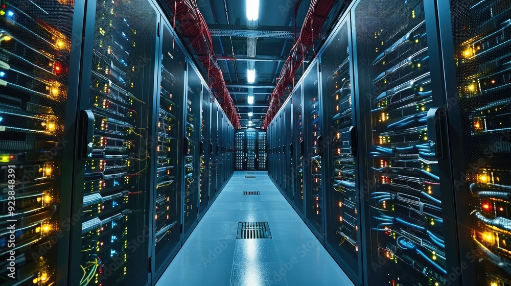 A network server room filled with rows of servers and intricate cable management glowing in dim light. Generative AI. A network server room filled with rows of servers and intricate cable management glowing in dim light. Generative AI.