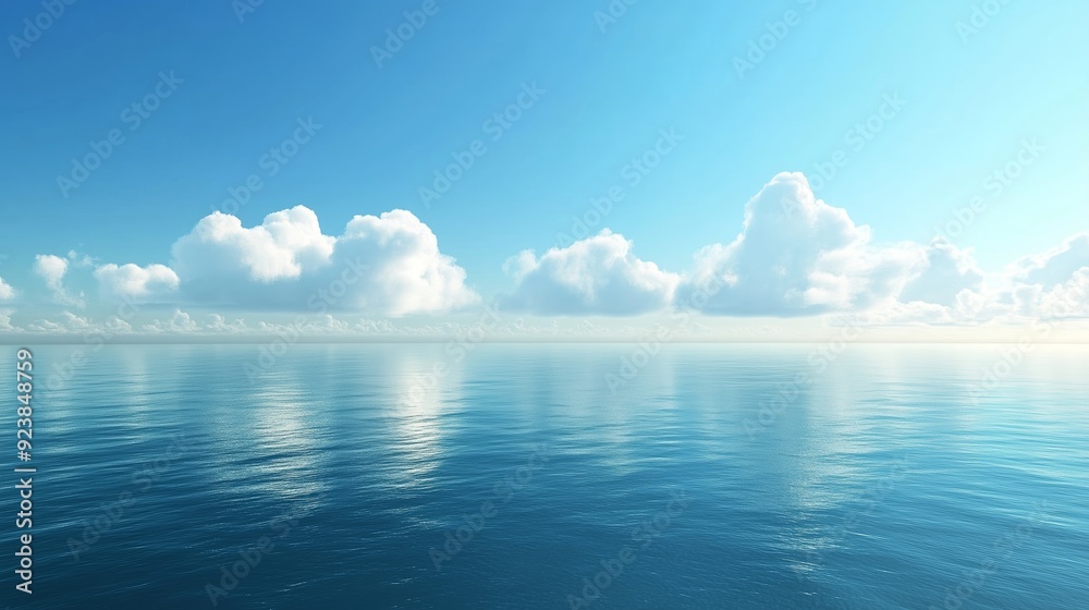 Obraz premium Calm ocean surface reflecting fluffy clouds under a bright blue sky