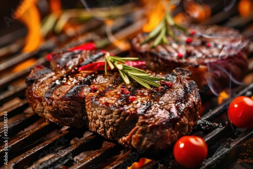 Close-up of Two Juicy Steaks Grilling with Rosemary and Peppers photo