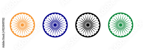 Ashoka chakra icon set in blue, orange, black and green color. Ashoka Chakra-symbol from the flag of India. Ashoka Wheel for Indian Independence Day. Flat design vector illustration.