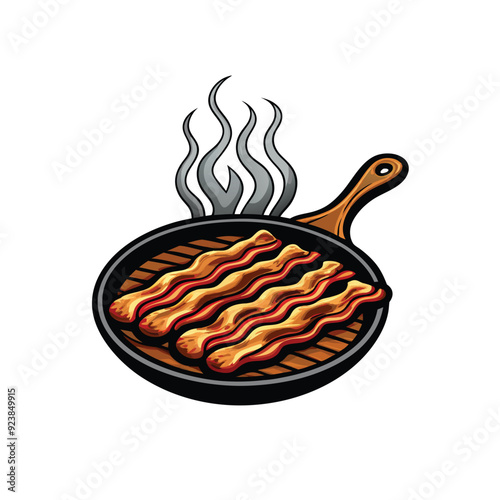 A captivating image of sizzling bacon strips with steam rising from a frying pan.