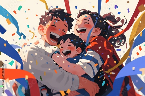 Three People Hugging and Laughing in Confetti Rain