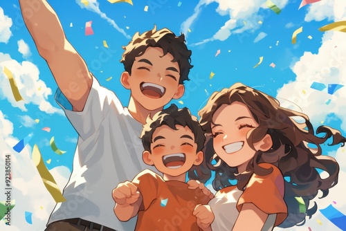 A Happy Family Under a Blue Sky with Confetti Raining Down