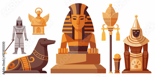 Egypt stone statue set, vector ancient rock ruin, pharaoh clay figurine, Egyptian gods silhouette, Osiris. Old civilization archaeology monument, temple object on white. Egypt tomb statue collection 