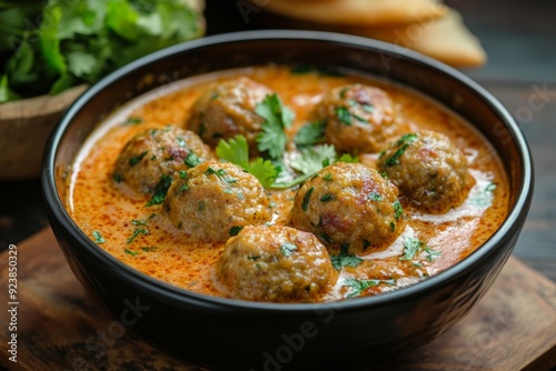 A rich and flavorful bowl of Indian meatball curry, garnished with fresh cilantro in a spiced tomato and cream-based sauce, showcasing traditional Indian flavors.