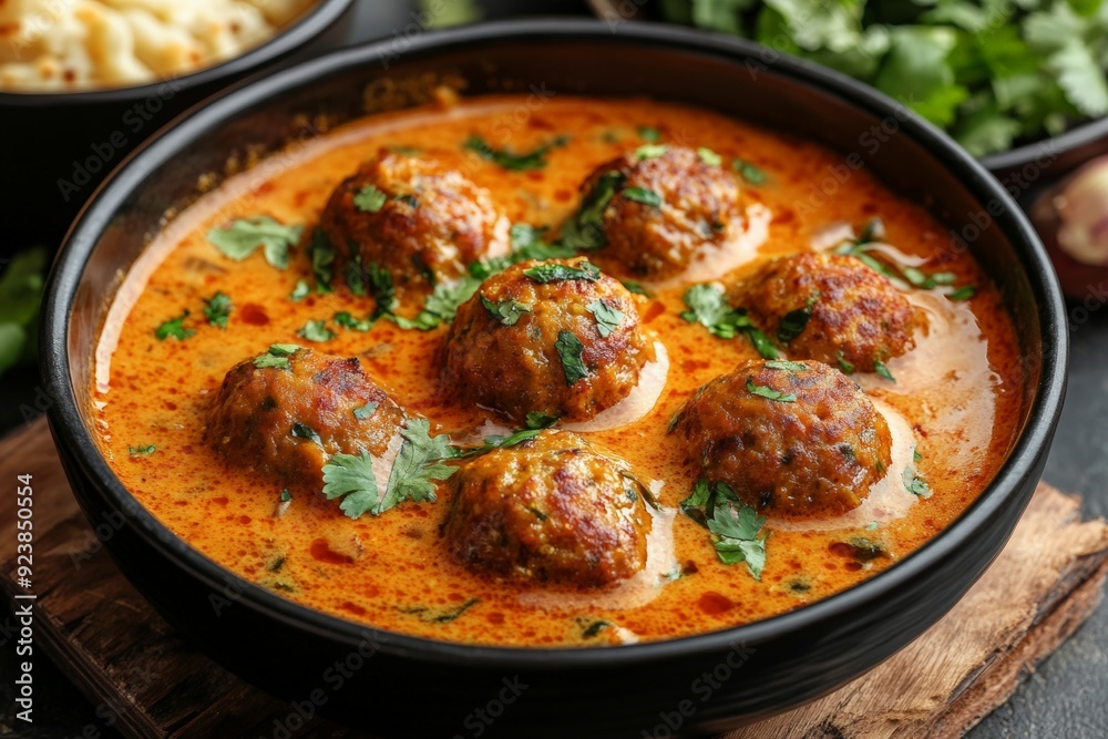 A rich and flavorful bowl of Indian meatball curry, garnished with fresh cilantro in a spiced tomato and cream-based sauce, showcasing traditional Indian flavors. A rich and flavorful bowl of Indian meatball curry, garnished with fresh cilantro in a spiced tomato and cream-based sauce, showcasing traditional Indian flavors.