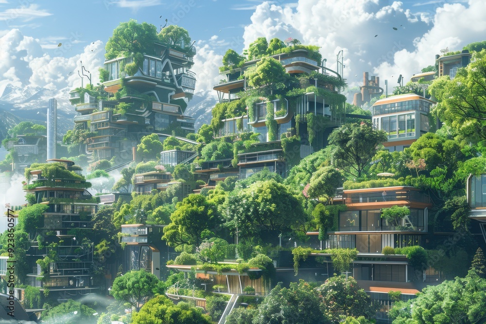 Futuristic Eco-City with Verdant Buildings and Lush Greenery Futuristic Eco-City with Verdant Buildings and Lush Greenery