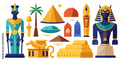 Egypt stone statue set, vector ancient rock ruin, pharaoh clay figurine, Egyptian gods silhouette, Osiris. Old civilization archaeology monument, temple object on white. Egypt tomb statue collection 